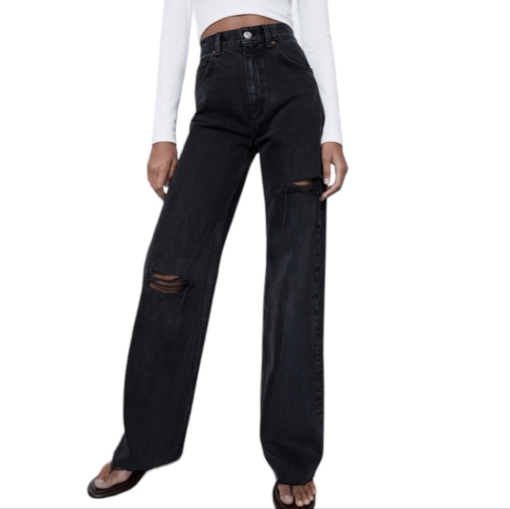 ZARA ripped wide leg jeans black distressed NWT Blogger favorite